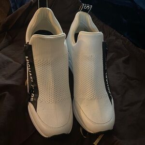 Michael Kors White Knit Slip-On Sneakers with Black Logo Tape